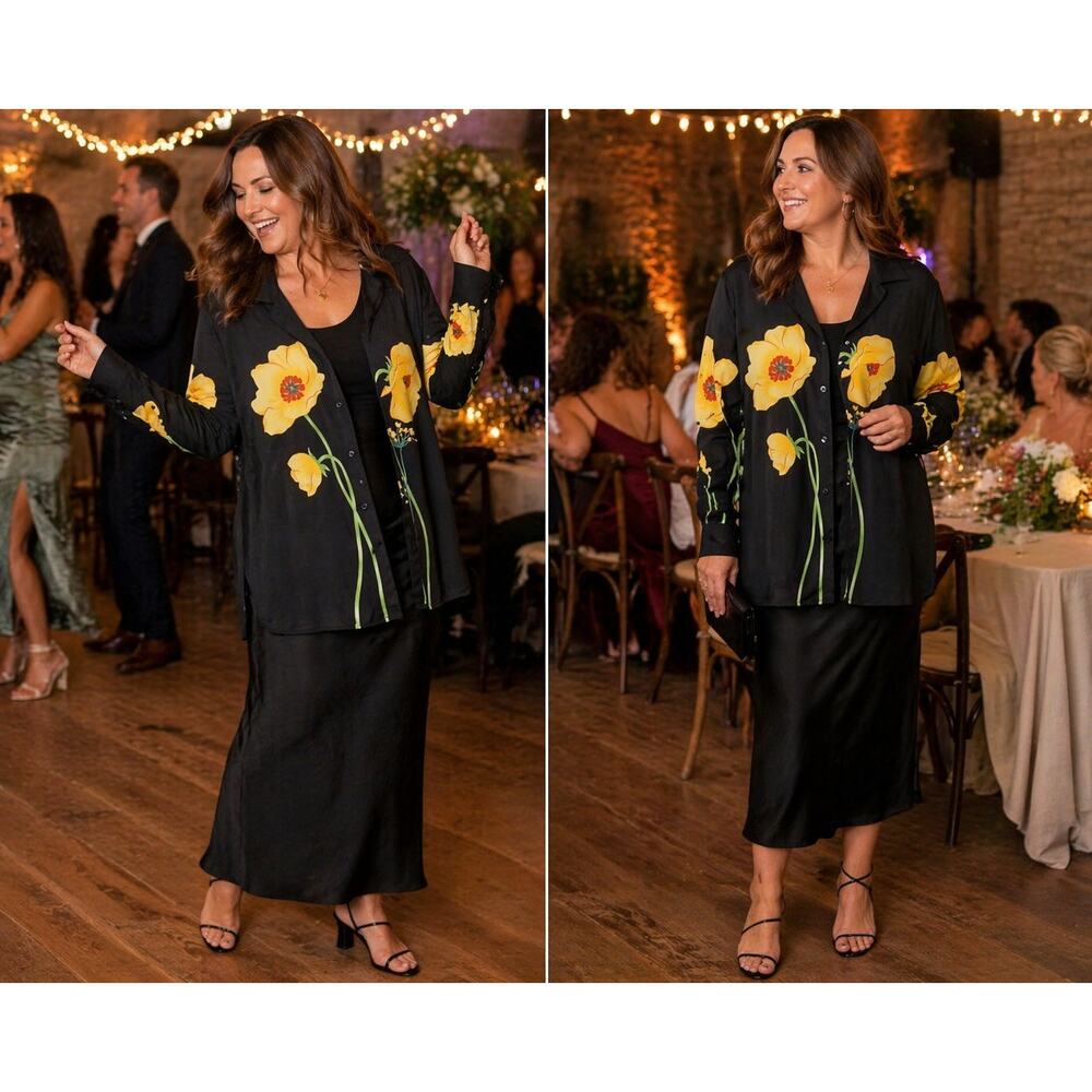 SAGHARBOR Black Floral Blouse Sz 16 Yellow Poppy Print Button Wedding Guest Top